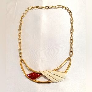 Vintage MONET Gold Tone w/ Red & Cream Enamel Adjustable Bib Style Necklace EUC